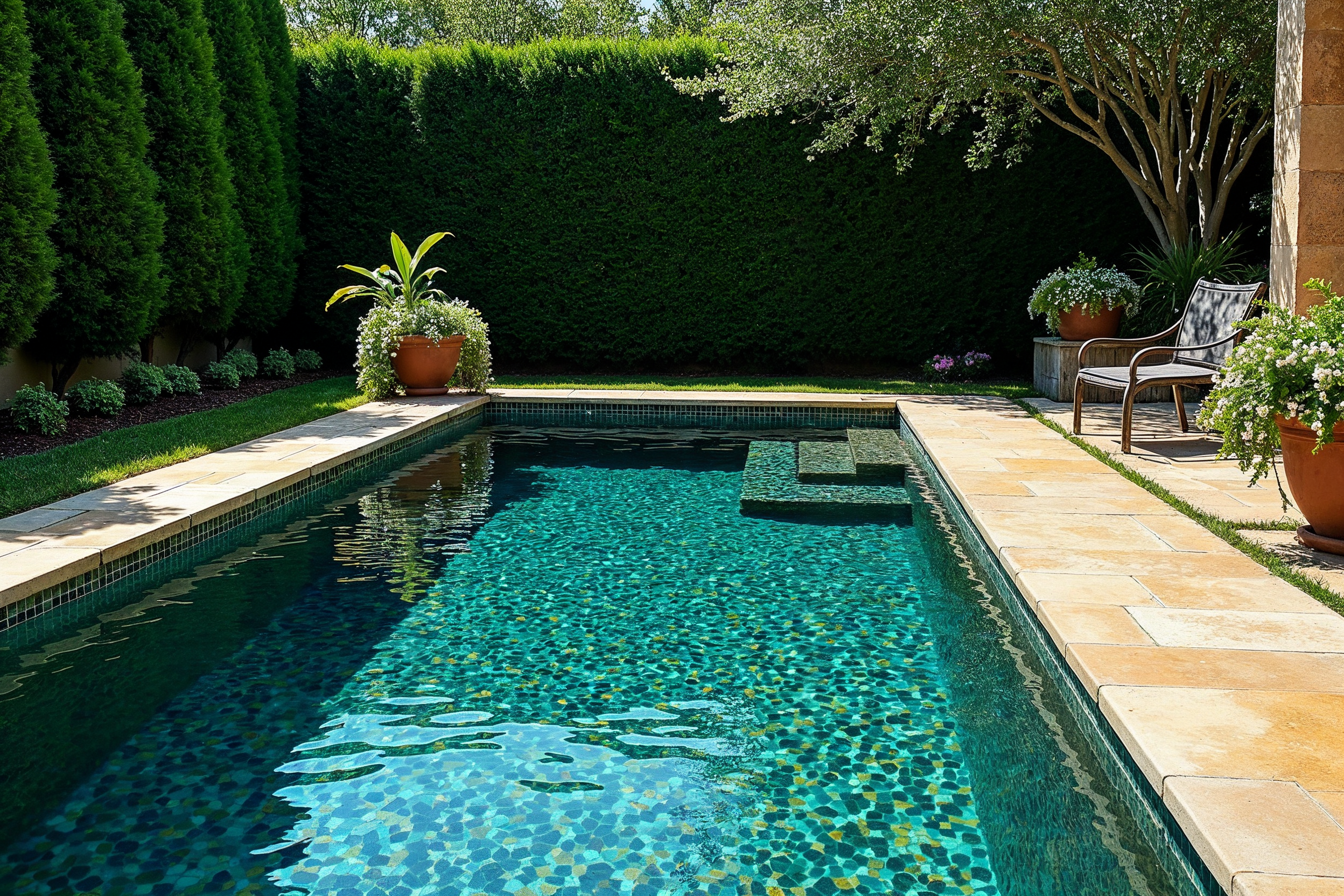 Özel Türk mozaik kaplı bahçe havuzu ve çevre peyzajı