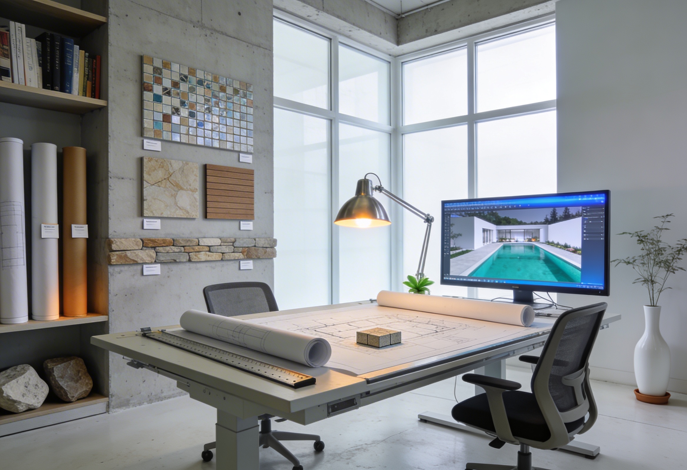 Aquelva tasarım stüdyosu — havuz planları ve 3D tasarım monitörü