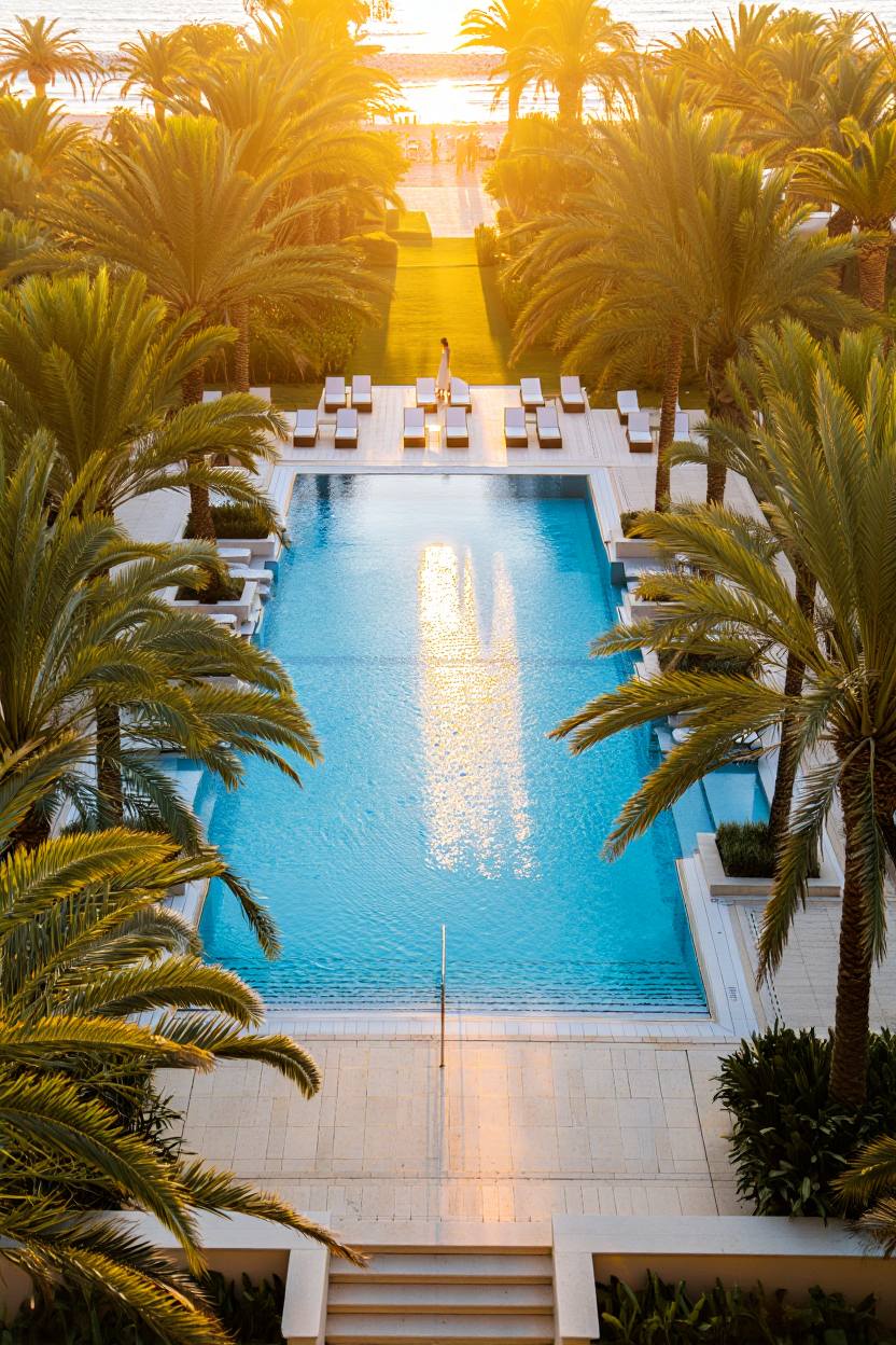 Altın saatte resort oteli ana havuzu ve çevresindeki palmiyeler