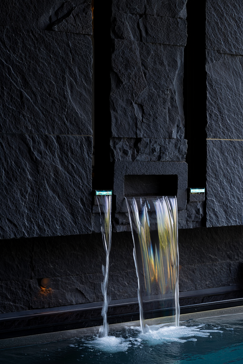 Bazalt taş duvardan havuza dökülen üç şelale su özelliği